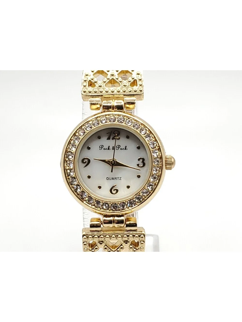 Peck & Peck Quartz Watch Womens New Battery Gold Tone White MOP Round Dial 24mm